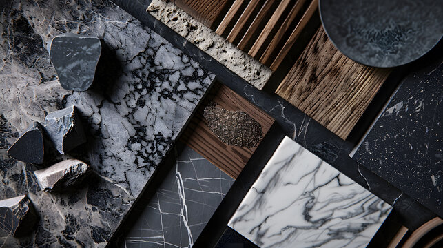 top view of interior luxury sample materials including black and gery marble stones wooden vinyl flooring tiles grainy quartz ceramic tiles isolated on background with clipping path : Generative AI