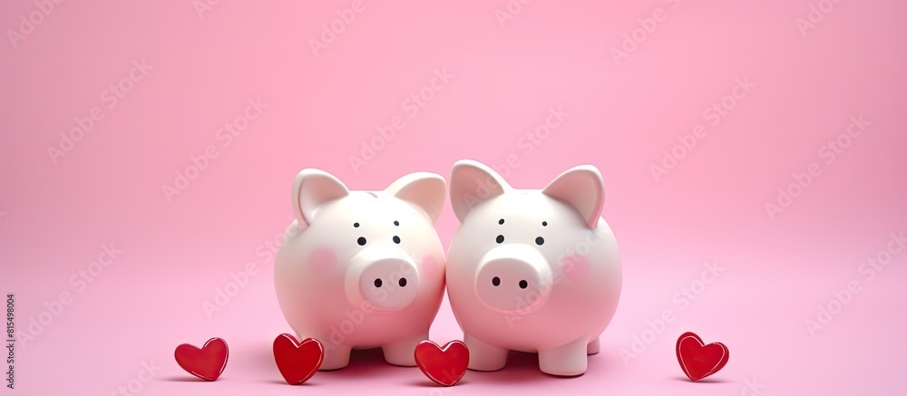 Aufkleber Valentine s Day themed composition featuring two small piggy bank figurines positioned on a pink background The image includes copy space and is captured from a top view perspective emphasizing the f