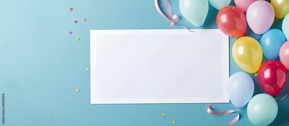 Poster there is a greeting card for a birthday party arranged in a flatlay style placed on a blue backgroun