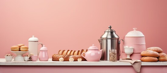 A copy space image of bakery equipment is showcased against a charming pink pastel background