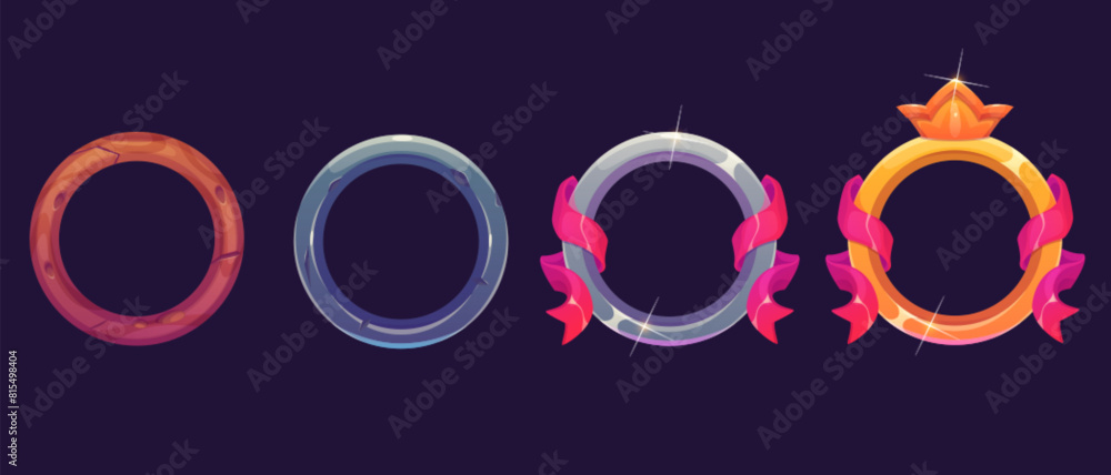 Poster rank avatar frame, fantasy game ui button icon. gold and metal round level ring design with crown. m