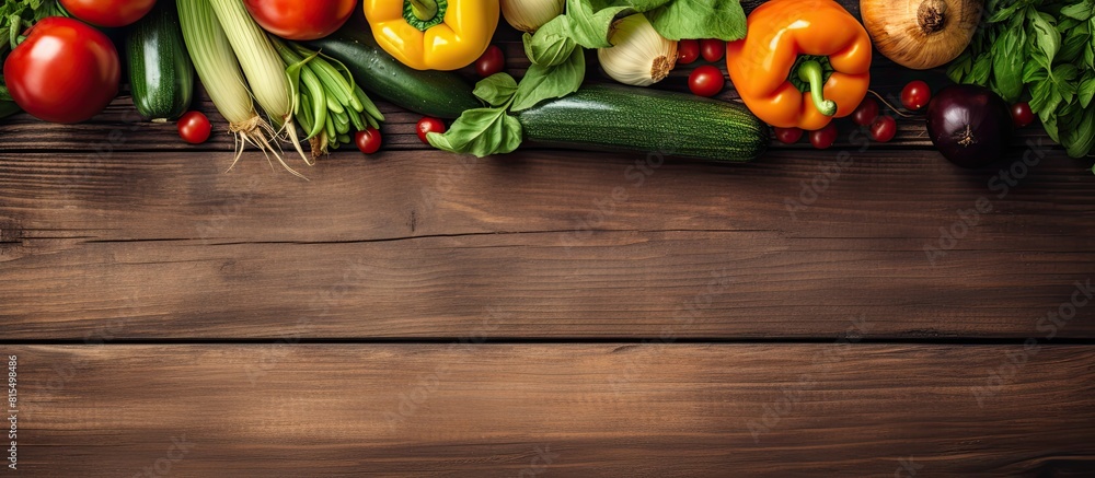 Poster A copy space image featuring organic summer vegetables displayed on a rustic brown wooden background providing a perfect backdrop for your text