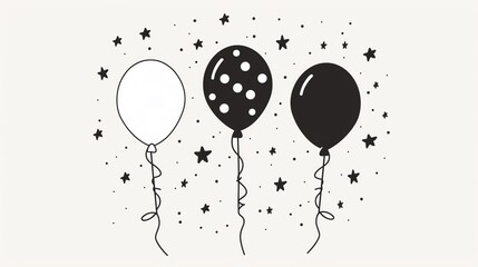 Party balloon flat design, front view, balloon theme, cartoon drawing, black and white