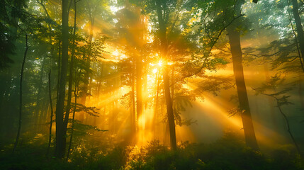 Golden Sunlight Filtering Through Trees in a Mystical Forest