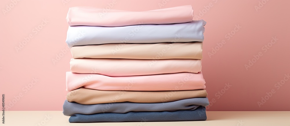 Aufkleber A close up top view of a pile of pastel colored shirts and sweaters perfectly folded and isolated on a pale pink background with ample copy space for additional elements