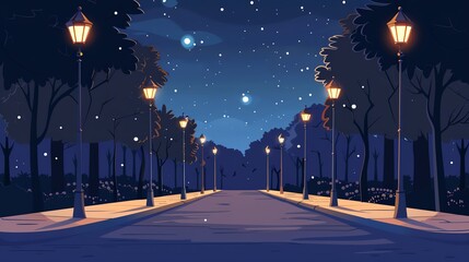 Streetlights flat design, front view, night theme, cartoon drawing, Complementary Color Scheme