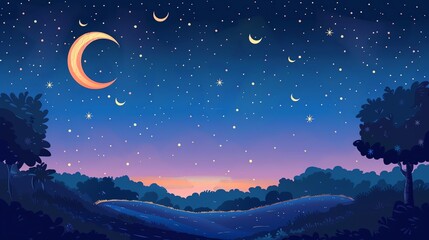 Night sky flat design, side view, night theme, cartoon drawing, colored pastel