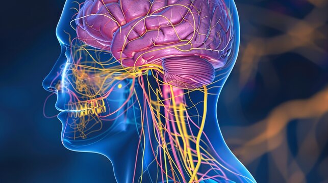A 3D illustration of a medical diagram showing the nervous system of the brain, including parasympathetic and sympathetic nerves.