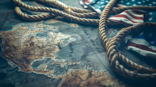 American flag and rope on treasure map on the table for Columbus Day