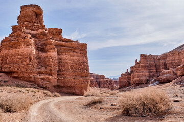 Road along valley of Castles Gorge, Charyn Canyon National Nature Park in Kazakhstan.