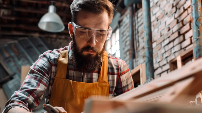 A young, serious, bearded man, a foreman in transparent safety glasses and a plaid shirt with a work apron, makes a wooden frame against the background of a brick wall in the workshop.