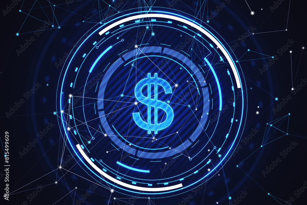 Poster Glowing round dollar hologram with polygonal mesh and bokeh circles on blurry blue background. Digital banking, money and finance concept. 3D Rendering.