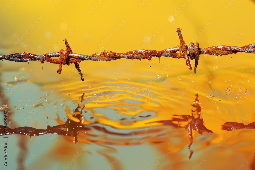 Poster a rusty wire fence with a knot tied in it