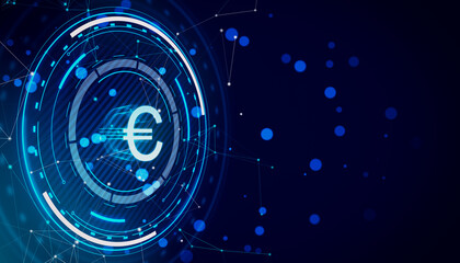 Glowing round euro hologram with polygonal mesh and bokeh circles on blurry blue backdrop. Digital banking, money and finance concept. 3D Rendering. © Who is Danny