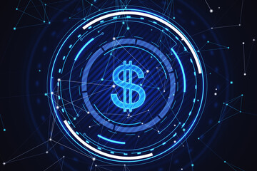 Glowing round dollar hologram with polygonal mesh and bokeh circles on blurry blue background. Digital banking, money and finance concept. 3D Rendering.