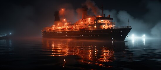 Big ship in the sea at night with fog