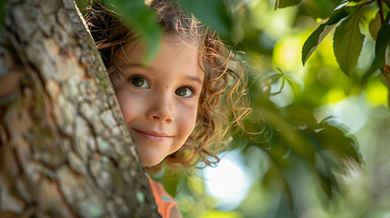 Child peeking from behind a tree in a leafy environment