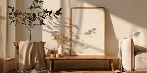 Aesthetic poster displayed on a wooden coffee table in a sunny living area.