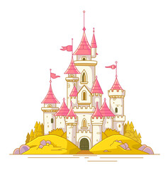 Beautiful fairy-tale castle for princess. Magic kingdom. Vintage Eastern Palace. Wonderland. Isolated cartoon illustration on a white background for stickers. Vector.