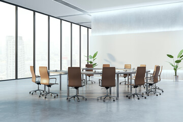 Bright concrete meeting room interior with round table, window and city view. Boarding room concept. 3D Rendering.