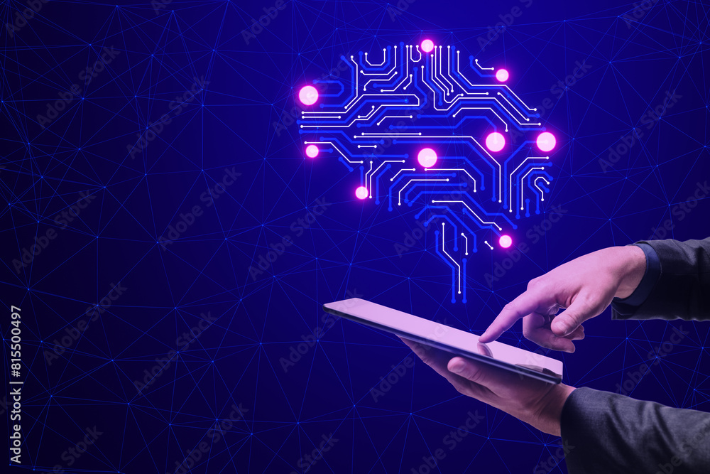Poster Close up of male hands using mobile phone with creative circuit brain with dots on dark background with mock up place. Artificial intelligence and machine learning concept.