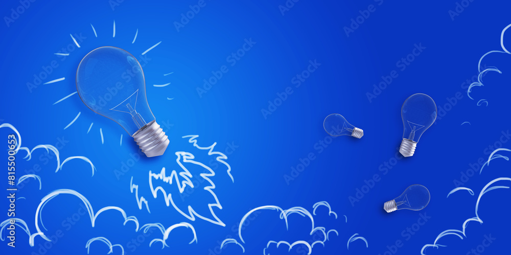 Poster creative flying light bulb sketch on blue background. start up ideas, innovation and brainstorm conc