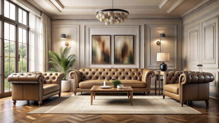 minimalist Beige tufted chesterfield sofa and brown wing chairs. Art deco interior design of modern living room. Created with generative AI