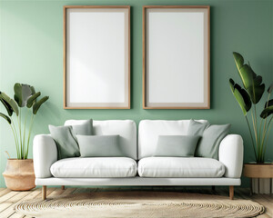 Poster mock up with two frames in modern minimalist living room interior with green wall. 3D Illustration.