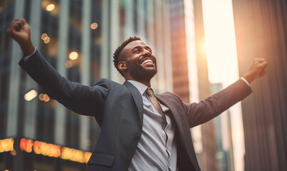Fototapeta premium A man in a suit is smiling and celebrating in front of a building