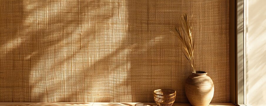 A woven raffia wall covering, bringing a light, airy texture to the space