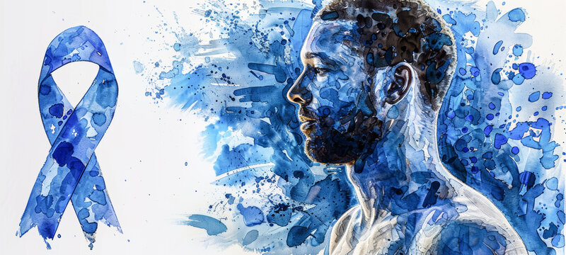 A man is painted in blue with a blue ribbon in the background