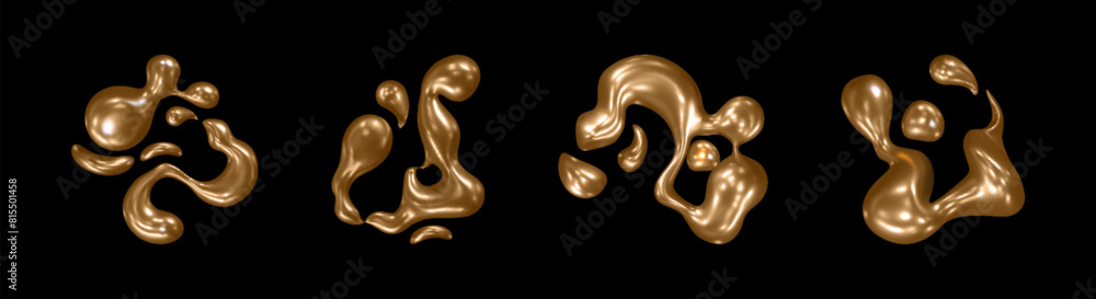 Poster golden liquid shapes for y2k design. realistic 3d vector illustration set of gold fluid metal decora