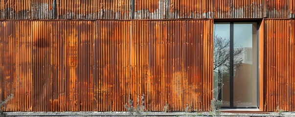 A corrugated iron wall with a rusted finish and a strong visual impact