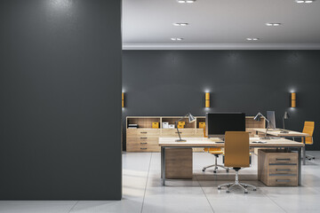 Modern wooden and gray coworking office interior with blank mock up place on wall. Workplace concept. 3D Rendering.