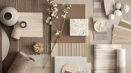 Elegant  flat lay composition in brown and beige color palette with textile and paint samples lamella panels and tiles Architect and interior designer moodboard Top view Copy space : Generative AI
