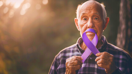 A man holding a purple ribbon in his mouth