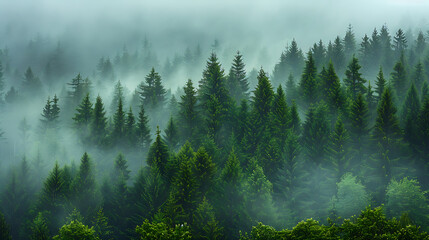 Misty forest landscape with dense evergreen trees