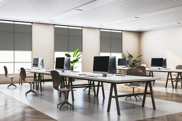 Modern bright wooden and concrete coworking office interior with panoramic window and city view, furniture and decorative plants, blinds. 3D Rendering.