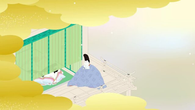 平安時代寝殿造りの部屋での逢瀬の男女のイメージイラスト動画