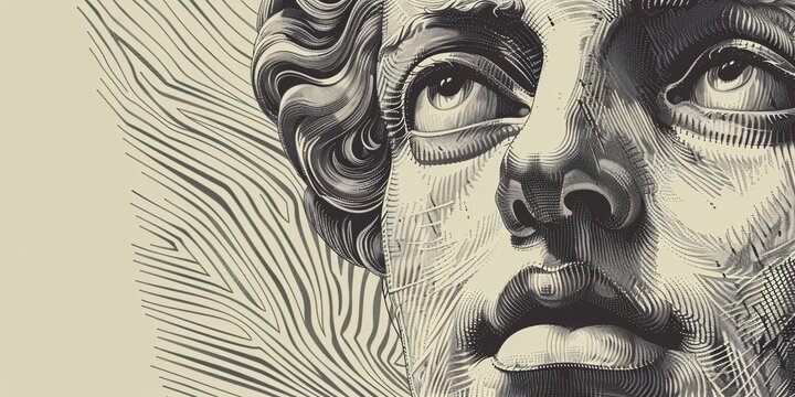 An intricately carved vintage portrait - poster featuring a Greek profile (close-up of man's head) with a digital design of a historical currency or artwork.