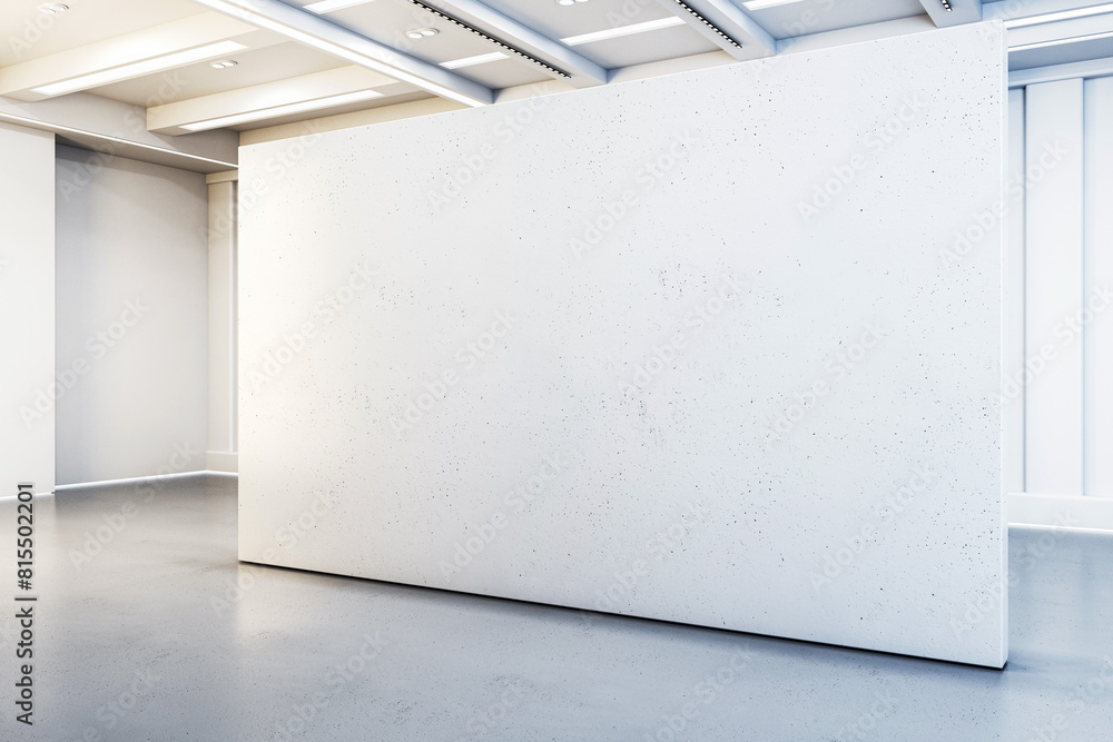 Poster an empty gallery room with a large blank wall for art exhibition, modern interior design, bright spa