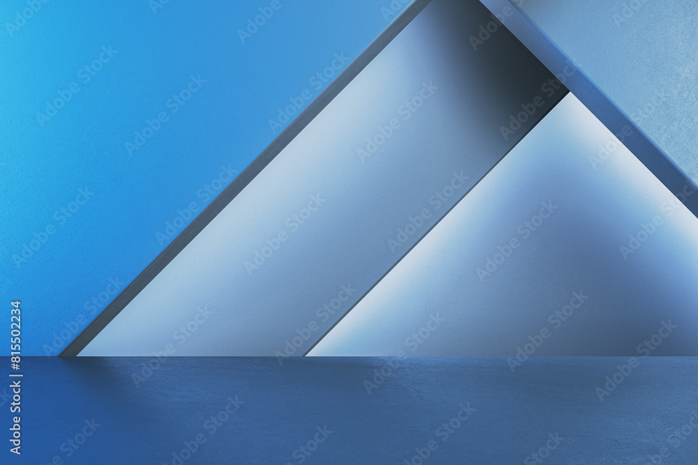 Poster Empty blue triangular gallery wall with mock up place. Museum concept. 3D Rendering.