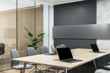 Bright concrete, wooden and glass meeting room interior. 3D Rendering.