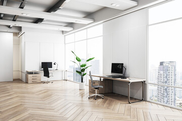 Modern office interior with desks, computers, and large windows overlooking the city. Light, contemporary design concept. 3D Rendering