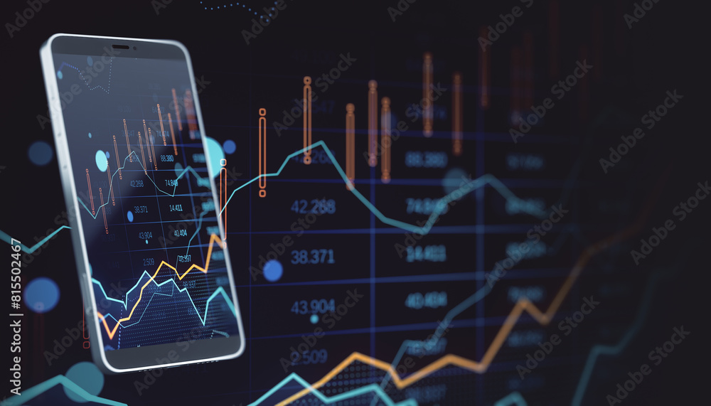 Poster A smartphone displaying financial charts, illustrating a concept of mobile trading or market analysis on a dark background. 3D Rendering