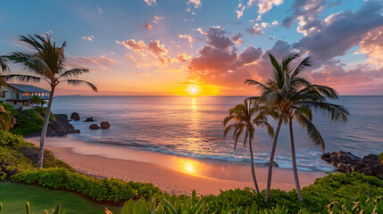 Tropical beach sunset with palm trees and colorful sky