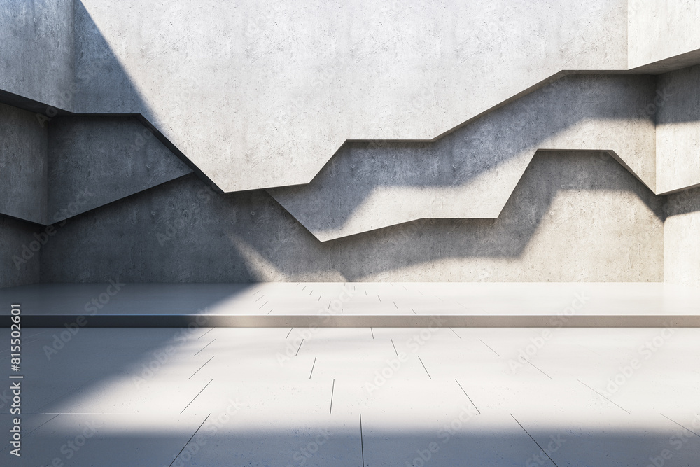 Poster abstract architectural interior with geometric concrete walls, natural light casting shadows on a pl