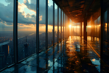 Sunset view from the window of a skyscraper