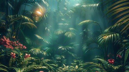 A night time scene of a lush tropical rainforest with ferns, palm leaves and flowers with a disco ball. Generative AI.