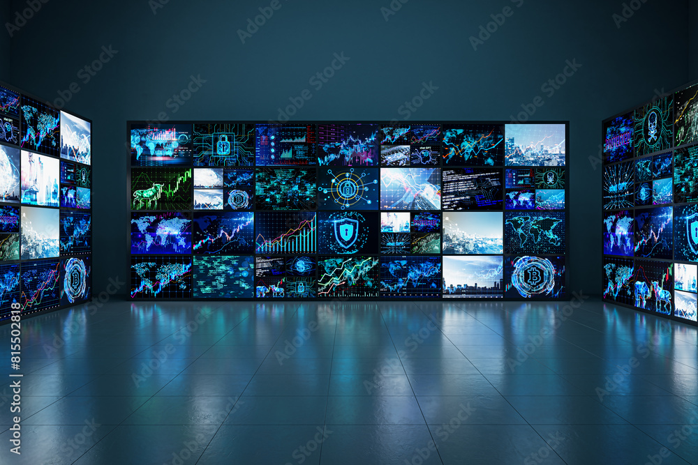 Poster creative dark screen room with reflections on floor. information leak, news and security concept. 3d